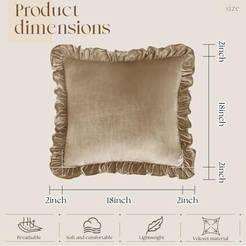 KKJIAF Taupe Velvet Throw Pillow Covers Set of 2 - 18x18 Inch Ruffle Edge Shams