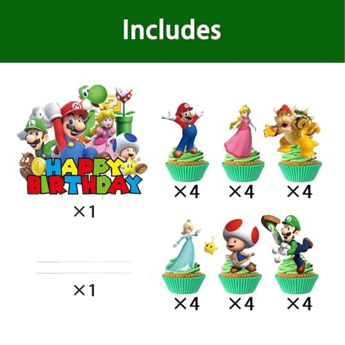 25PCS Mario Cake Toppers - Cartoon Cupcake Decorations for Parties