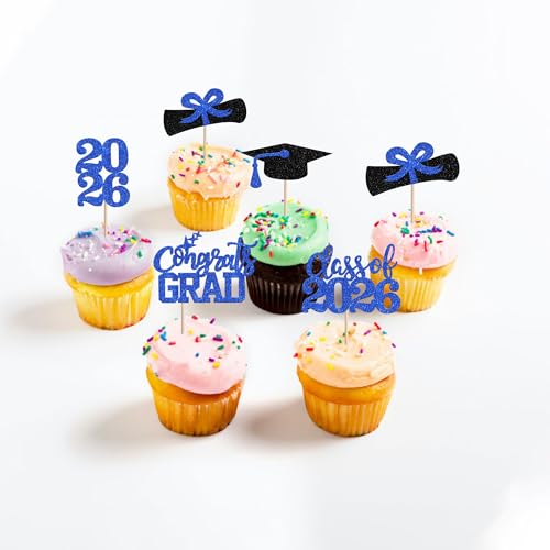 2026 Graduation Cupcake Toppers - 40 PCS Glitter Decor Picks