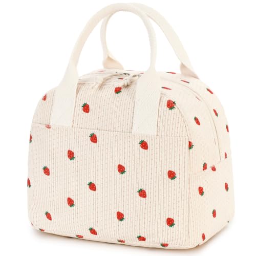 Cute Strawberry Insulated Lunch Bag for Women - Durable Corduroy Tote