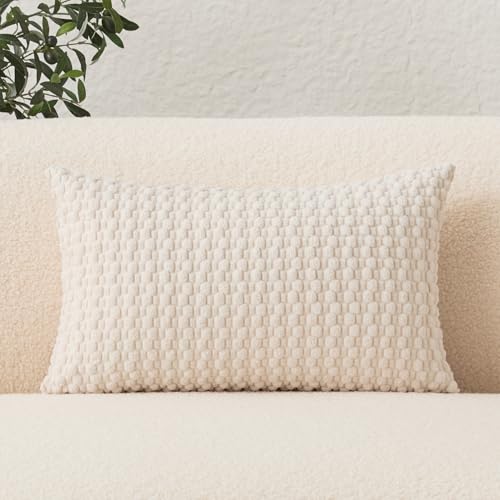 UGASA 12x20 Inch Velvet Lumbar Pillow Cover - Cream Striped Cushion
