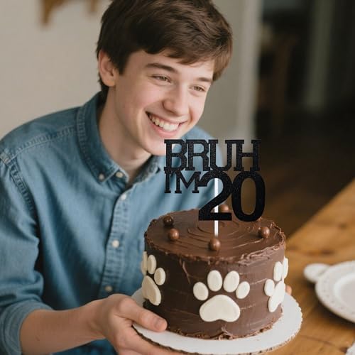 Black Glitter 20th Birthday Cake Topper - Bruh I'm 20 Decor