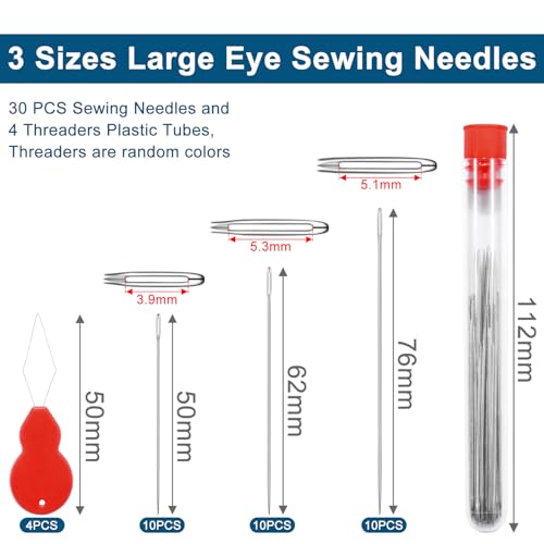 CooBigo Large Eye Hand Sewing Needles Set - 30 Pcs Stainless Steel Quilting & Embroidery Needles with Threaders and Vial