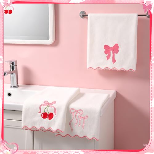 Cute 3-Piece Bow Hand Towels Set - 100% Cotton, 29.5 x 13.7 Inch