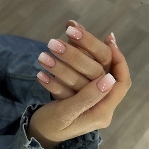 Short Square Press on Nails Gradient Nude Glossy False Acrylic Nails