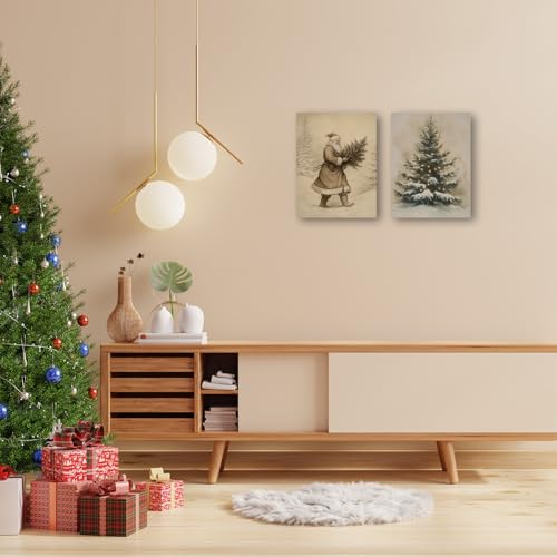 Winter Canvas Wall Art Set of 2 - Santa and Christmas Tree Holiday Decor