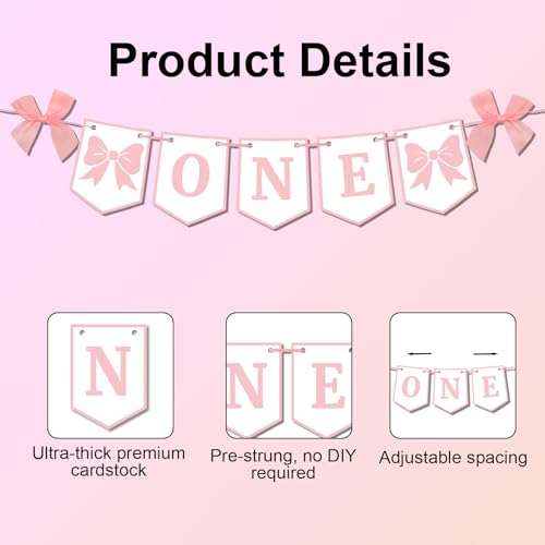 BOXOB Pink Bow One High Chair Banner - Pre-Strung First Birthday Party Decoration