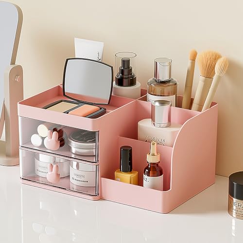 LETURE Pink Makeup Storage Organizer with 2 Drawers for Vanity and Desk