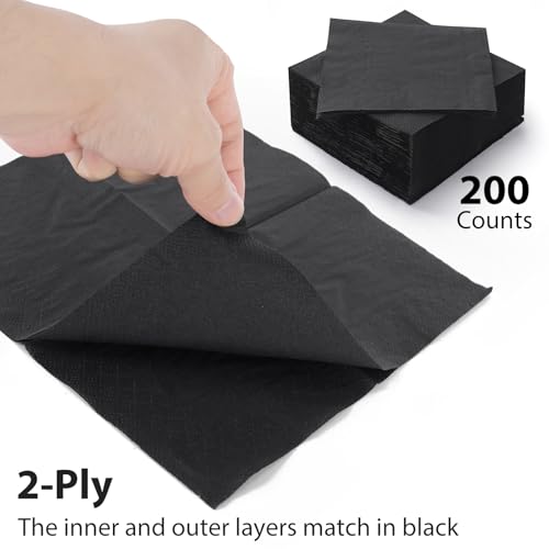 200 Pcs Black Cocktail Napkins 4.5" x 4.5" - 2-Ply Disposable for Events