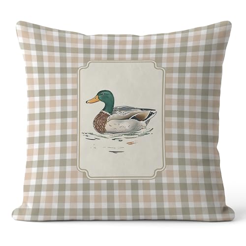 Mallard Duck Throw Pillow Cover 18x18, Farmhouse Plaid Decor - Color-20