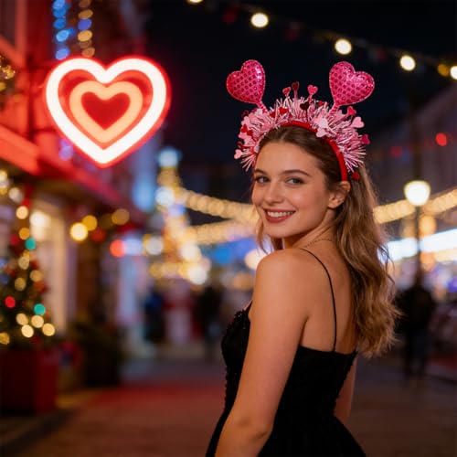Valentines Pink Heart Headband Plush Sparkly Hair Hoop for Women