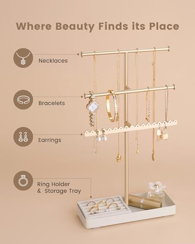 Gold 3-Tier Jewelry Organizer Stand - Metal Jewelry Holder for Necklaces, Earrings, Bracelets, Rings