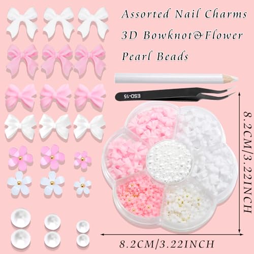RODAKY Pink Bow & Pearl Flower Nail Art Charms 3D Resin Flatback Decorations