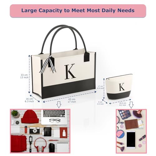 Monogrammed Canvas Tote Bag with Zipper Pockets - Perfect Gift