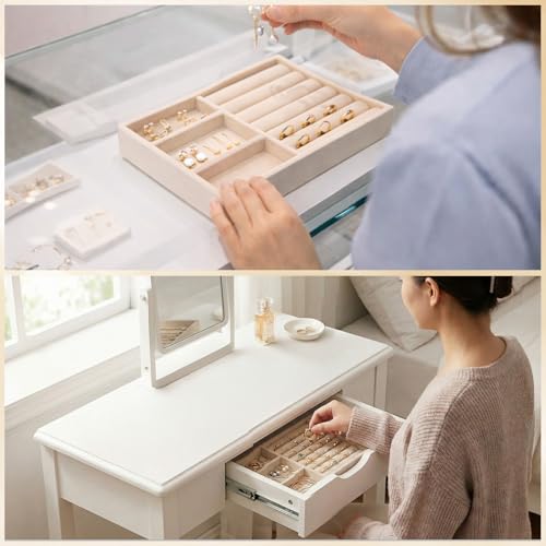 Velvet Jewelry Drawer Organizer Insert - Stackable Storage Tray (Beige)