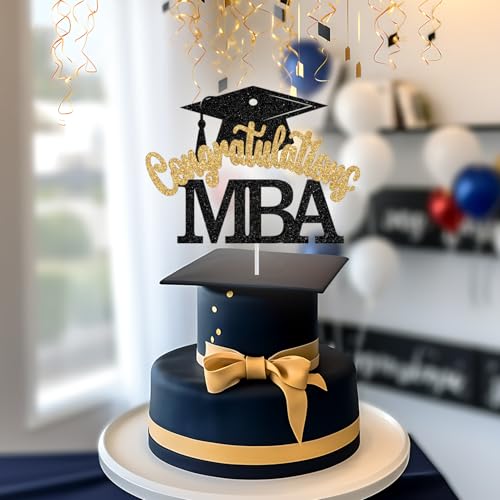 MBA Graduation Cake Topper - Black and Gold Glitter Decoration