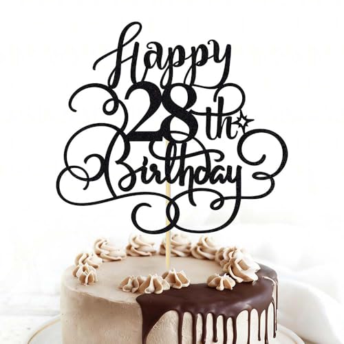 Black Glitter 28th Birthday Cake Topper - Cheers to 28 Years