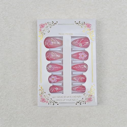 TEEKME Almond Press on Nails Pink Butterfly & Floral 3D Gold Details TK-031