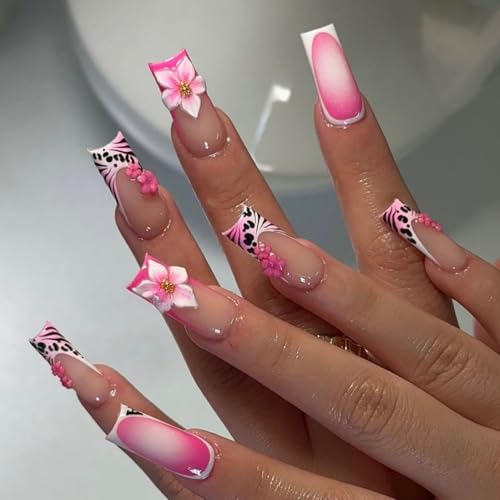 Pink French Press On Nails Long Square Fake Nails with 3D Flowers 24pcs