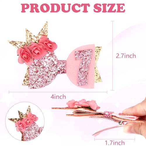 Exacoo 7th Birthday Pink Bow Hair Clips 2-Pack Glitter Hair Accessories