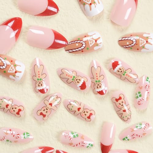 Christmas Almond Press on Nails Red French Xmas Bear Candy False Nails