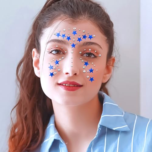 Star Face Gems Stickers - 3 Sheets Red, Silver & Blue Rhinestones for Makeup, Festivals and Parties