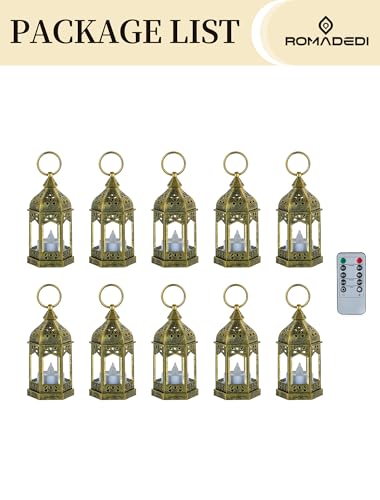 Vintage Gold Mini Lanterns Pack of 10 with Remote Control for Centerpieces