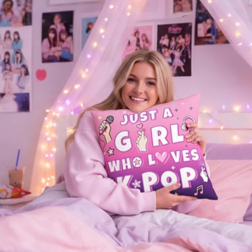 Just A Girl Who Loves K-Pop Pillow Cover - Purple 18" x 18" Dorm Decor
