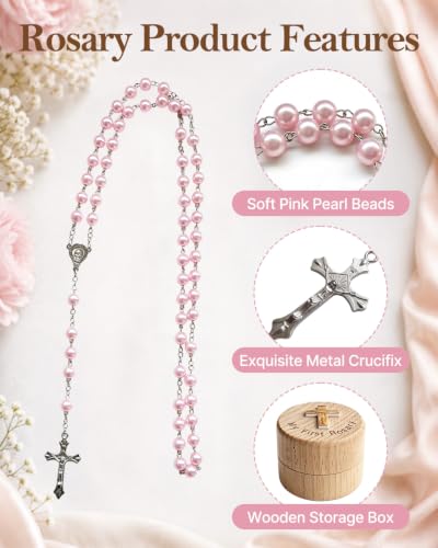 Pink Baptism Keepsake Rosary and Wooden Box Gift for Girls