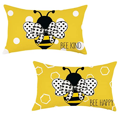 ONWAY 20x12 Inch Summer Throw Pillow Covers Set of 2 - Stripes & Polka Dots Honey Bee Yellow Decorative Lumbar Farmhouse Cushion Case for Sofa Couch Bed
