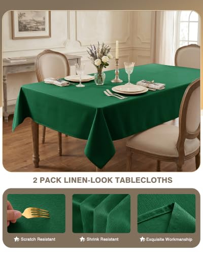 Waterproof Rectangle Table Cloth 8ft - Hunter Green 2-Pack, Linen-Textured