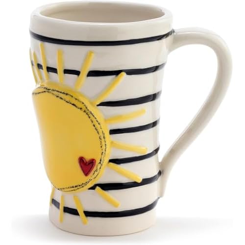 DEMDACO Bright and Cheery Sun and Stripes Sunshine Yellow on Black and White Backdrop 16 Ounce Ceramic Stoneware Coffee Cup Mug