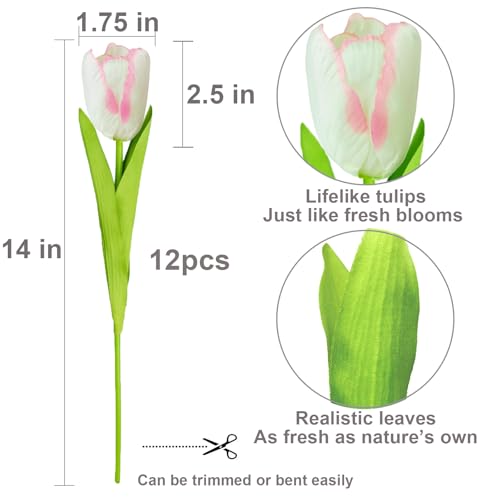12pcs Real Touch Pink Tulips - Artificial Silk Flowers for Decor