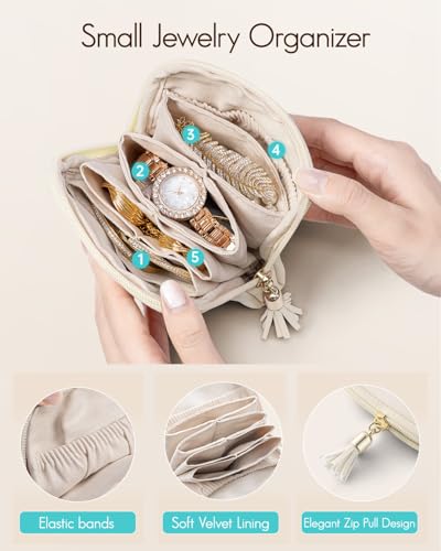 VLANDO White Travel Jewelry Organizer Case with Velvet Pouches, Compact & Waterproof