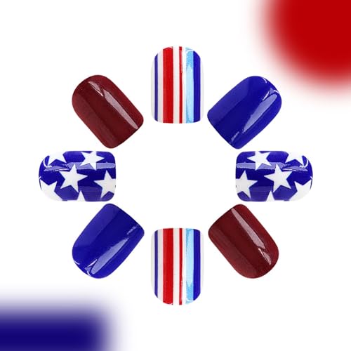 Short Press on Nails Independence Day Square Glossy Red Blue Acrylic