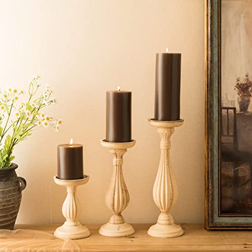 Unscented Brown Pillar Candles Set of 3 - 3x6 Inch, Long Burn Time, Rustic Decor