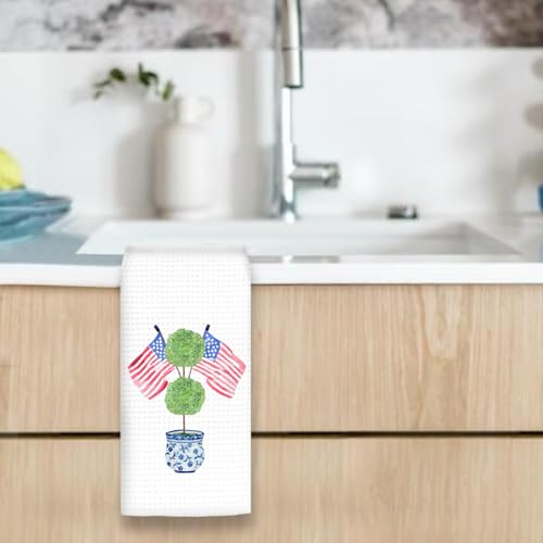 4th of July Patriotic Kitchen Towels - Blue Chinoiserie Topiary Hand Towels, Flag & Topiary Design, 16x24, Decorative Dish Tea Towel - Topiary Flag Variation