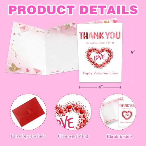 Teacher Valentine's Day Cards with Envelopes - 4x6 Appreciation Gifts