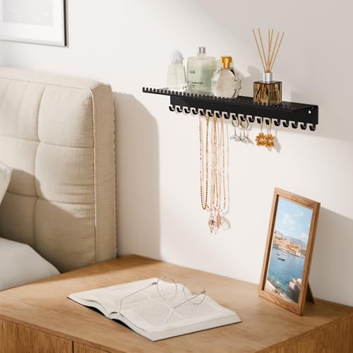 Black Wall-Mounted Jewelry Organizer with 56 Hooks & Shelf