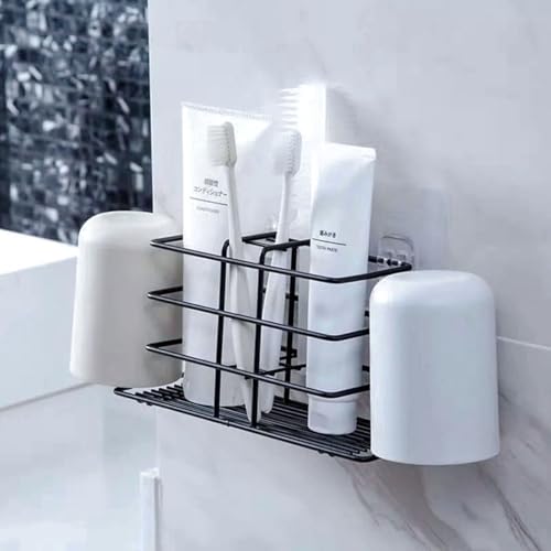Wall-Mounted Toothbrush Holder with Cups - Black Metal Organizer