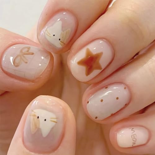 Short Round Press On Nails Creamy White Glossy Bow Star Fake Nails Kit