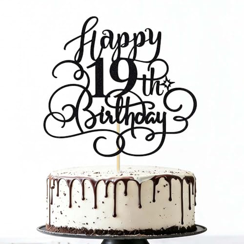 Black Glitter 19th Birthday Cake Topper - Cheers to 19 Years Party Decor