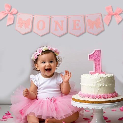 BOXOB Pink Bow One High Chair Banner - Pre-Strung First Birthday Party Decoration