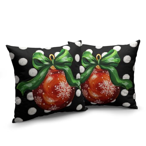 Christmas Pillow Covers Set of 2 - 18x18 Inch Red & Green Xmas Balls