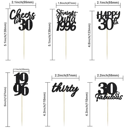 30th Birthday Cupcake Toppers - Set of 6 Black Glitter Decorations