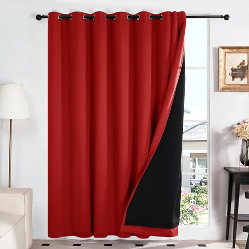 Deconovo 100% Blackout Curtains with Black Liner, Thermal Insulated Noise?Reducing Grommet Drapes, Double?Layer Room Darkening for Bedroom, Nursery, Home Office,1 Panels,Bright Red,100W x 95L