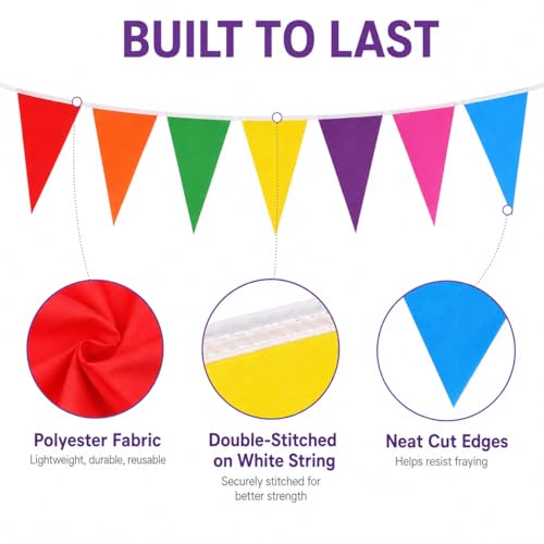 30ft Reusable Rainbow Pennant Banner - 21 Large Flags for Events