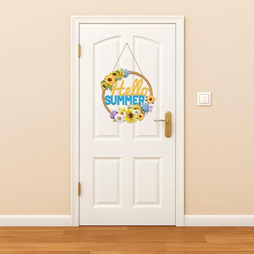 Hello Summer Sunflower Wooden Hanging Sign for Front Door Decor