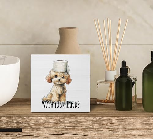 Funny Dog Poodle Bathroom Sign - 5x5 Wooden Box Decor