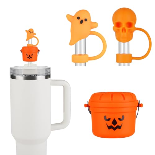 Cute Orange Halloween Bucket Straw Covers for Stanley Cup - Ghost & Skull Toppers for 30 & 40 OZ 10mm Straws